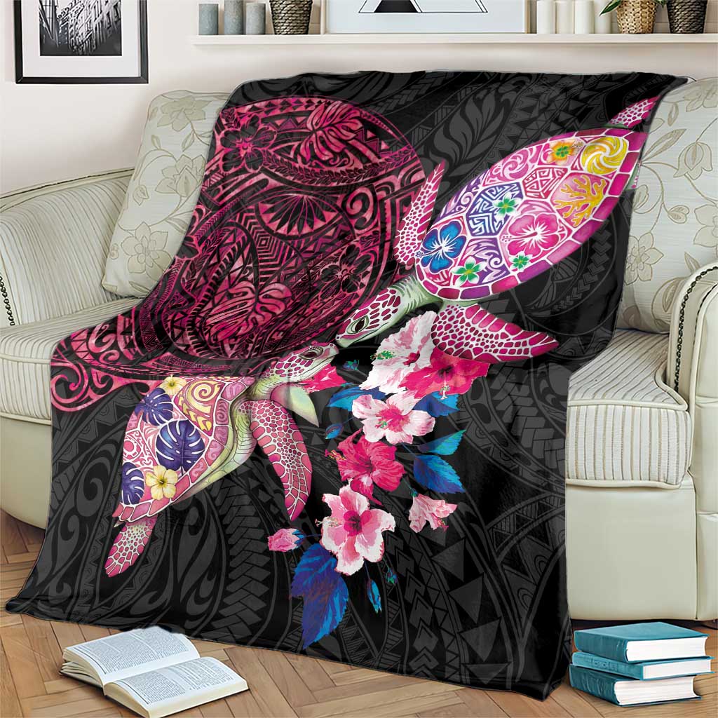 Hawaiian Couple Turtles Honi Blanket Polynesian Art Motifs and Hibiscus Black Red Color LT03 - Polynesian Pride