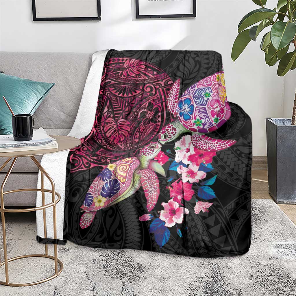 Hawaiian Couple Turtles Honi Blanket Polynesian Art Motifs and Hibiscus Black Red Color LT03 - Polynesian Pride
