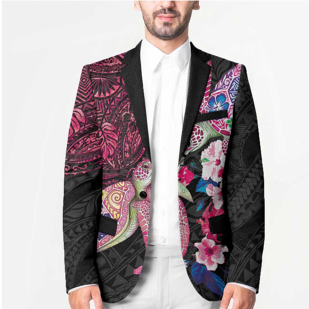 Hawaiian Couple Turtles Honi Blazer Polynesian Art Motifs and Hibiscus Black Red Color LT03 - Polynesian Pride