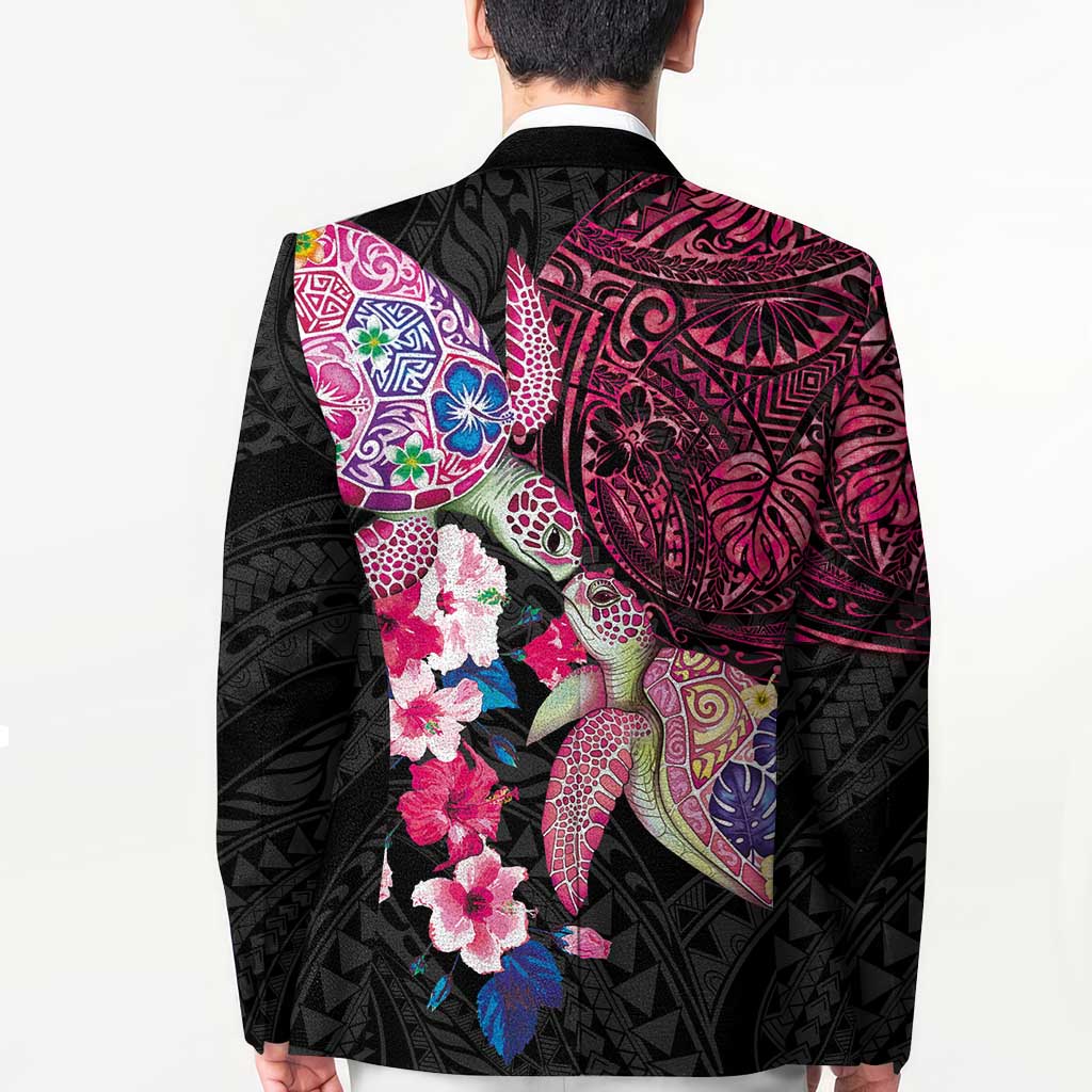 Hawaiian Couple Turtles Honi Blazer Polynesian Art Motifs and Hibiscus Black Red Color LT03 - Polynesian Pride