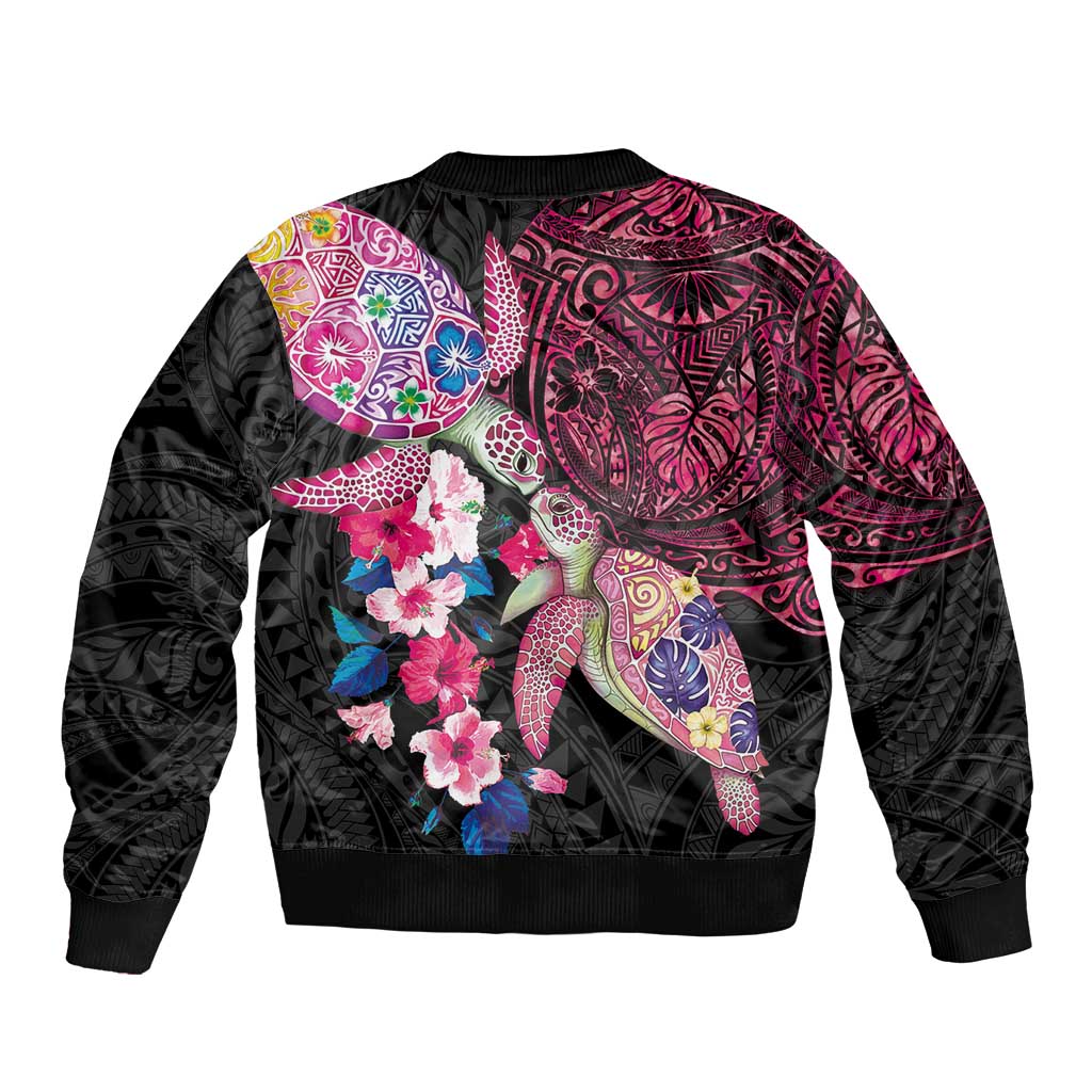 Hawaiian Couple Turtles Honi Bomber Jacket Polynesian Art Motifs and Hibiscus Black Red Color LT03 - Polynesian Pride