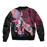 Hawaiian Couple Turtles Honi Bomber Jacket Polynesian Art Motifs and Hibiscus Black Red Color LT03 - Polynesian Pride