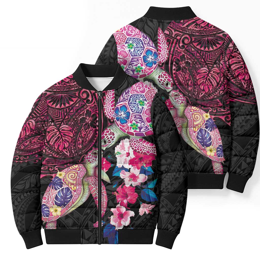 Hawaiian Couple Turtles Honi Bomber Puffer Jacket Polynesian Art Motifs and Hibiscus Black Red Color LT03 - Polynesian Pride