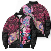 Hawaiian Couple Turtles Honi Bomber Puffer Jacket Polynesian Art Motifs and Hibiscus Black Red Color LT03 - Polynesian Pride