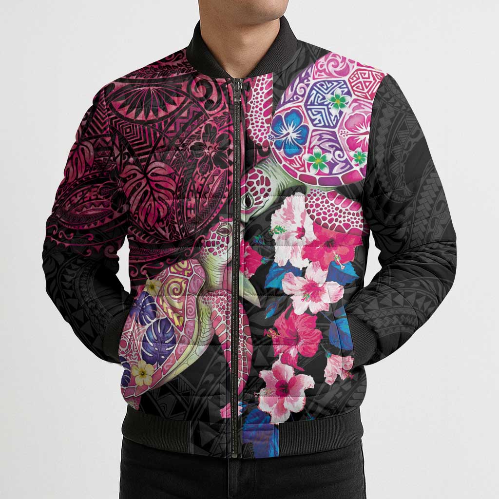 Hawaiian Couple Turtles Honi Bomber Puffer Jacket Polynesian Art Motifs and Hibiscus Black Red Color LT03 - Polynesian Pride