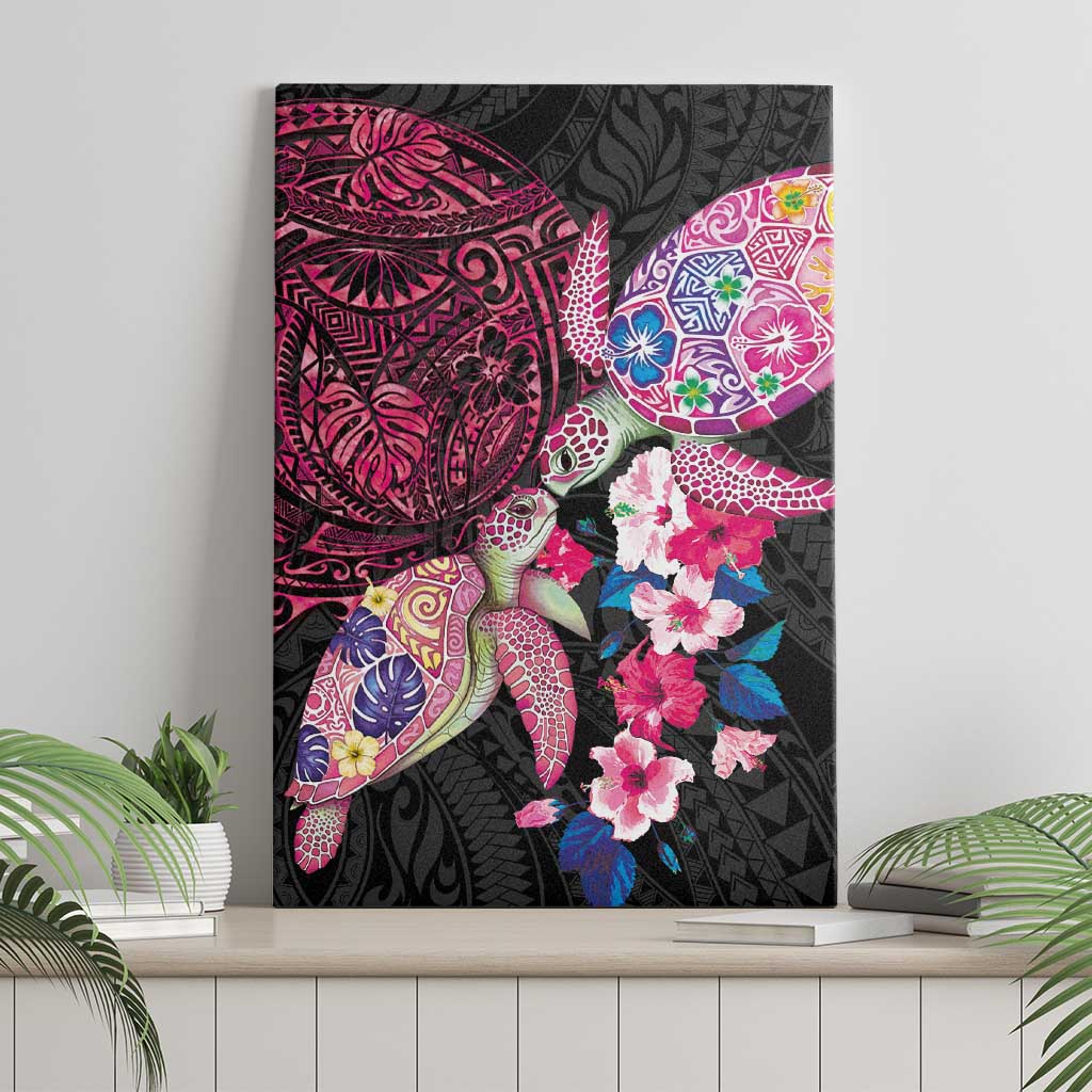 Hawaiian Couple Turtles Honi Canvas Wall Art Polynesian Art Motifs and Hibiscus Black Red Color LT03 - Polynesian Pride