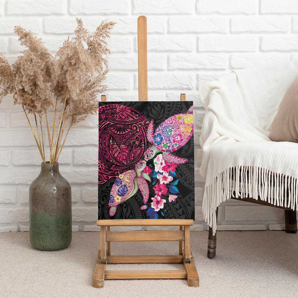Hawaiian Couple Turtles Honi Canvas Wall Art Polynesian Art Motifs and Hibiscus Black Red Color LT03 - Polynesian Pride