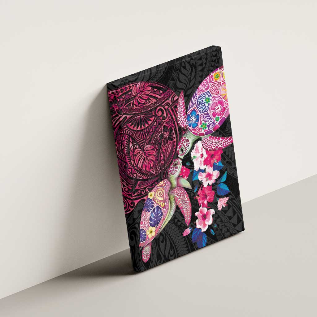 Hawaiian Couple Turtles Honi Canvas Wall Art Polynesian Art Motifs and Hibiscus Black Red Color LT03 - Polynesian Pride