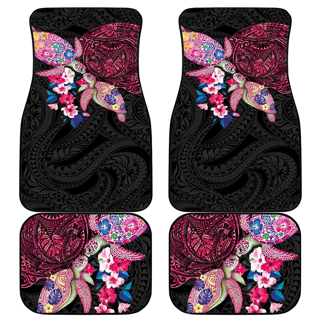 Hawaiian Couple Turtles Honi Car Mats Polynesian Art Motifs and Hibiscus Black Red Color LT03 - Polynesian Pride