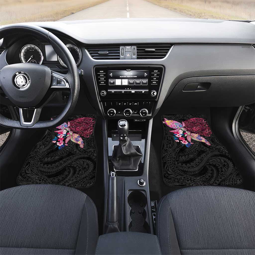 Hawaiian Couple Turtles Honi Car Mats Polynesian Art Motifs and Hibiscus Black Red Color LT03 Set 2pcs - Front Black - Polynesian Pride