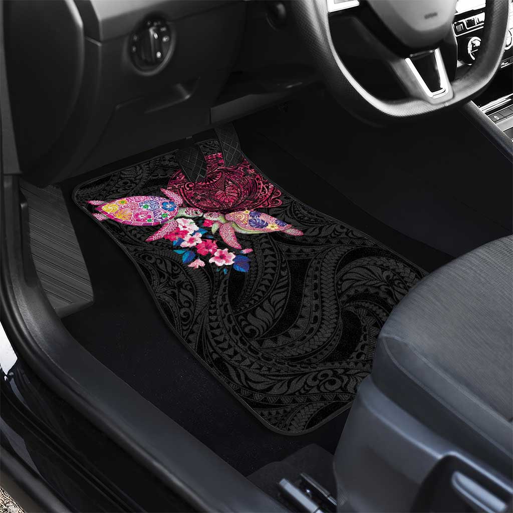 Hawaiian Couple Turtles Honi Car Mats Polynesian Art Motifs and Hibiscus Black Red Color LT03 - Polynesian Pride