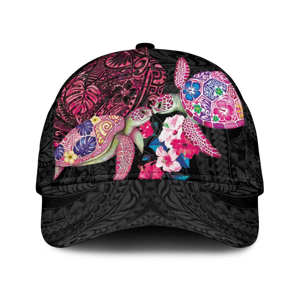 Hawaiian Couple Turtles Honi Classic Cap Polynesian Art Motifs and Hibiscus Black Red Color LT03 Universal Fit Black - Polynesian Pride