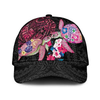 Hawaiian Couple Turtles Honi Classic Cap Polynesian Art Motifs and Hibiscus Black Red Color LT03 Universal Fit Black - Polynesian Pride