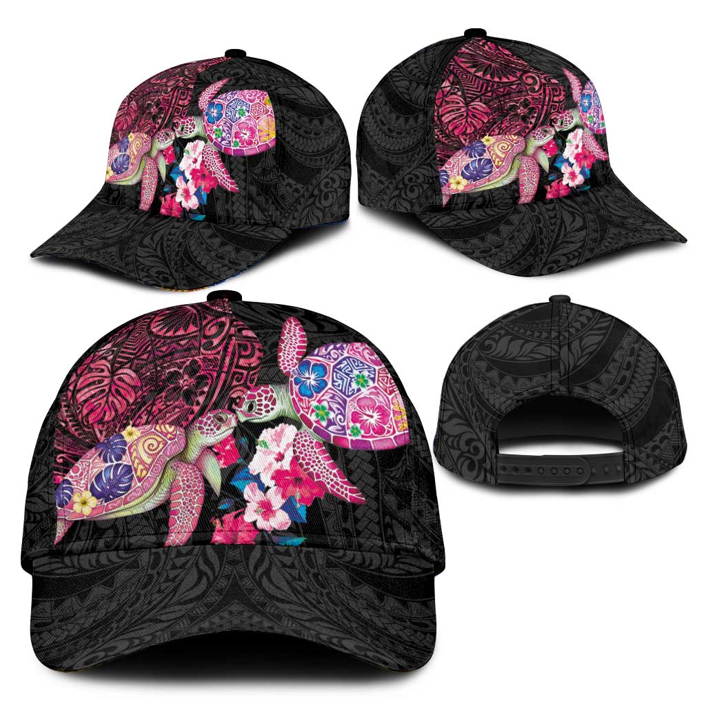 Hawaiian Couple Turtles Honi Classic Cap Polynesian Art Motifs and Hibiscus Black Red Color LT03 - Polynesian Pride