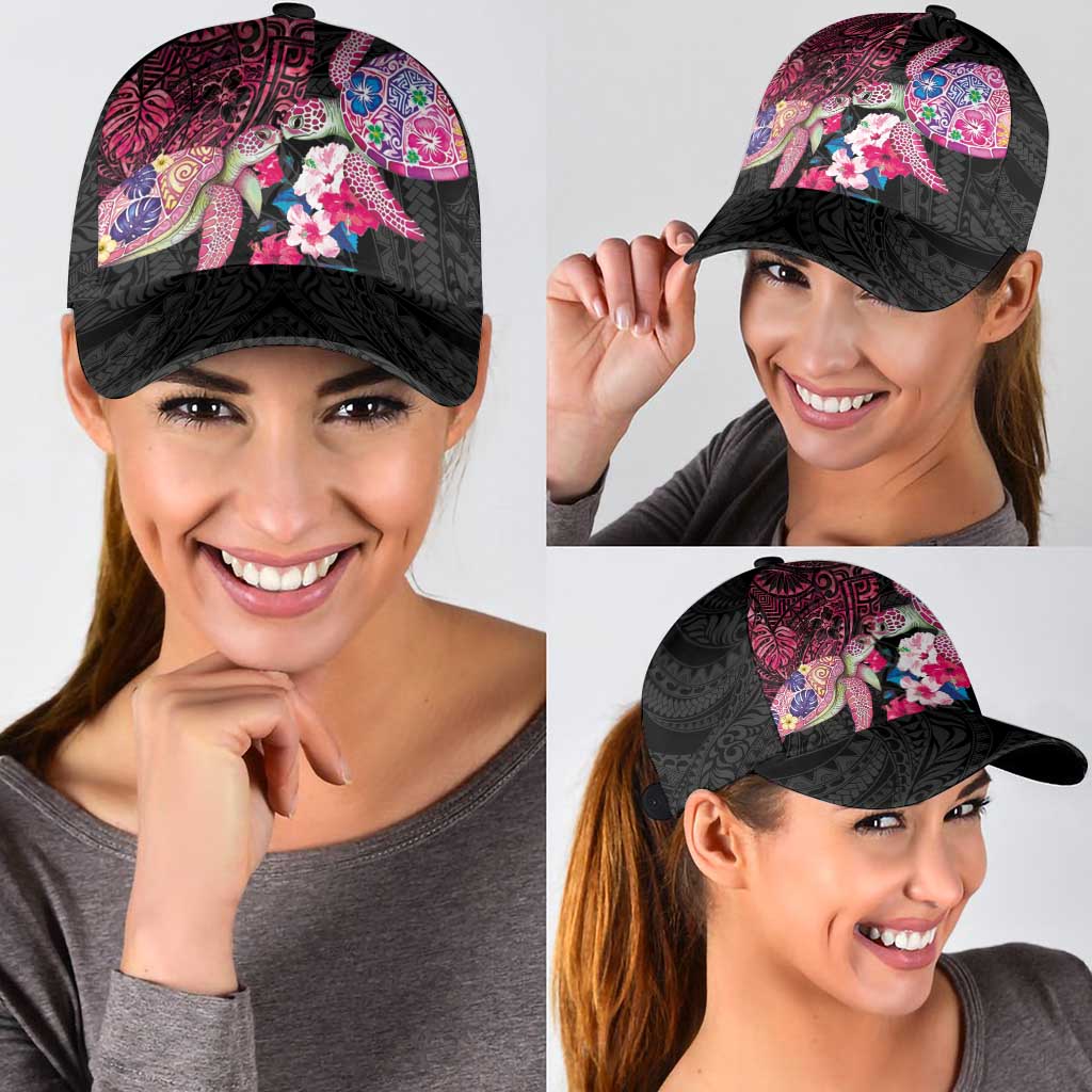 Hawaiian Couple Turtles Honi Classic Cap Polynesian Art Motifs and Hibiscus Black Red Color LT03 - Polynesian Pride