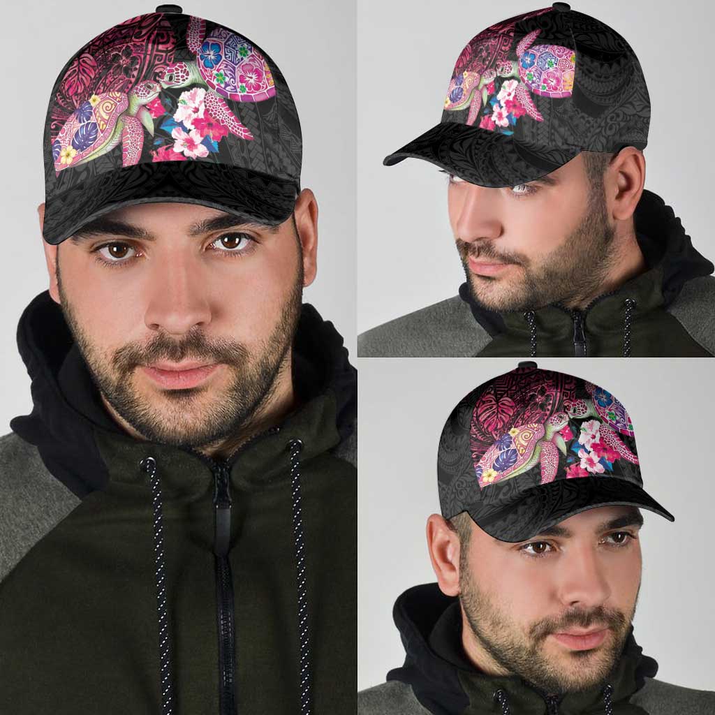 Hawaiian Couple Turtles Honi Classic Cap Polynesian Art Motifs and Hibiscus Black Red Color LT03 - Polynesian Pride