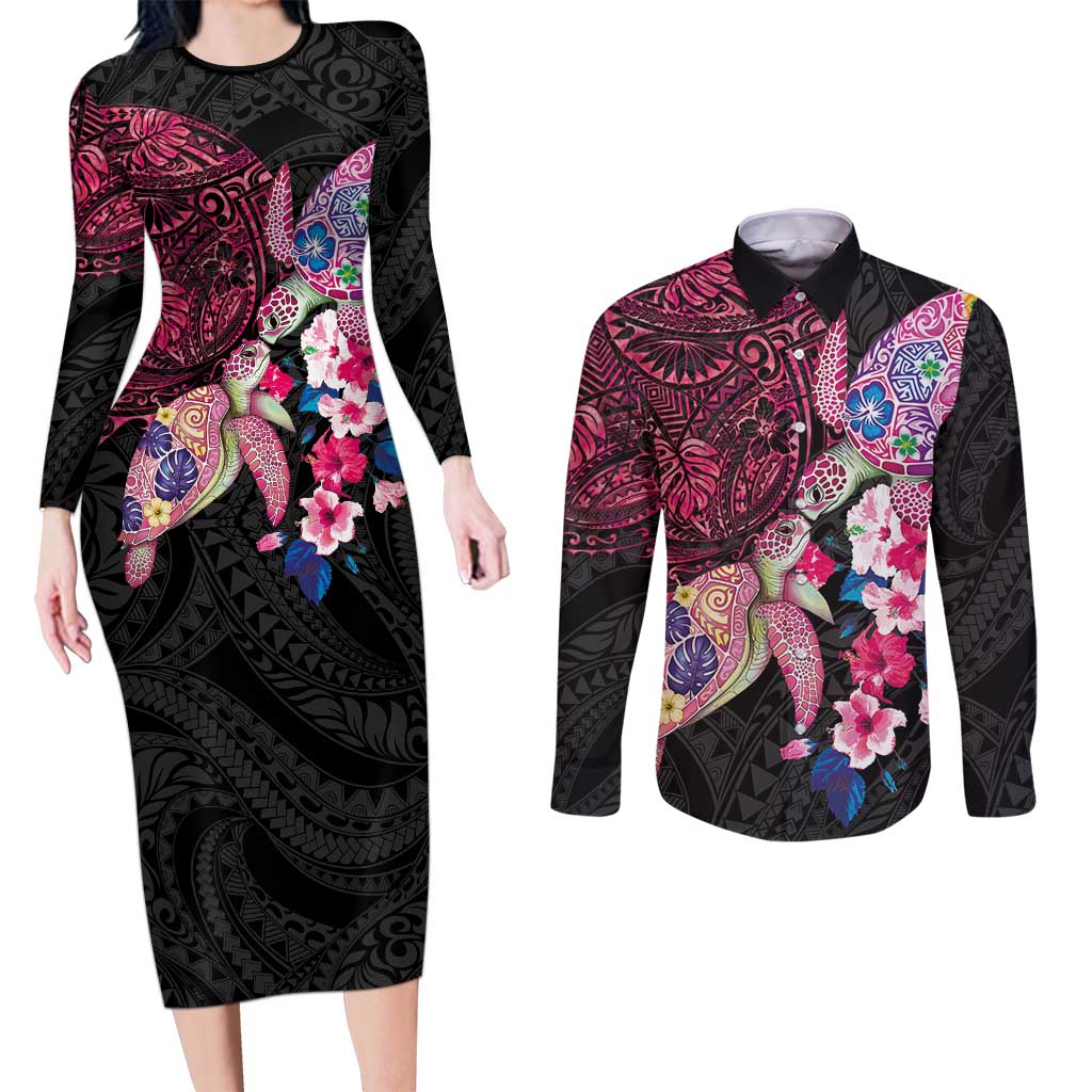 Hawaiian Couple Turtles Honi Couples Matching Long Sleeve Bodycon Dress and Long Sleeve Button Shirt Polynesian Art Motifs and Hibiscus Black Red Color LT03 Black - Polynesian Pride
