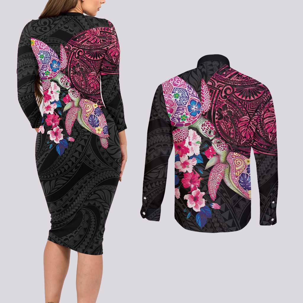 Hawaiian Couple Turtles Honi Couples Matching Long Sleeve Bodycon Dress and Long Sleeve Button Shirt Polynesian Art Motifs and Hibiscus Black Red Color LT03 - Polynesian Pride