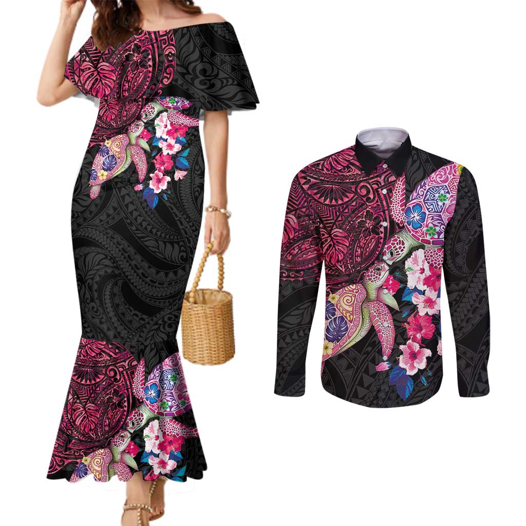 Hawaiian Couple Turtles Honi Couples Matching Mermaid Dress and Long Sleeve Button Shirt Polynesian Art Motifs and Hibiscus Black Red Color LT03 Black - Polynesian Pride