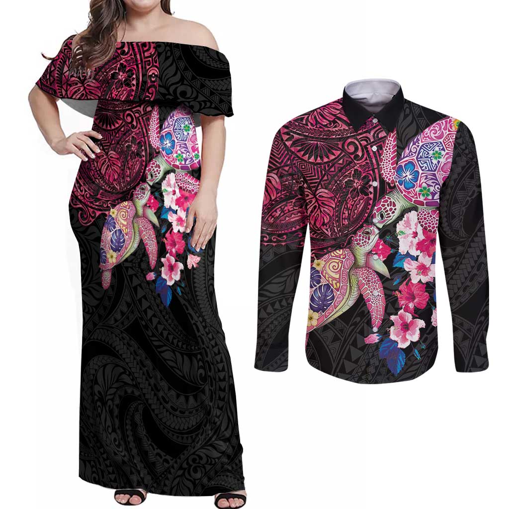 Hawaiian Couple Turtles Honi Couples Matching Off Shoulder Maxi Dress and Long Sleeve Button Shirt Polynesian Art Motifs and Hibiscus Black Red Color LT03 Black - Polynesian Pride