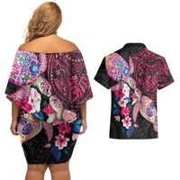 Hawaiian Couple Turtles Honi Couples Matching Off Shoulder Short Dress and Hawaiian Shirt Polynesian Art Motifs and Hibiscus Black Red Color LT03 - Polynesian Pride