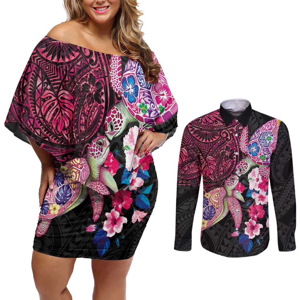Hawaiian Couple Turtles Honi Couples Matching Off Shoulder Short Dress and Long Sleeve Button Shirt Polynesian Art Motifs and Hibiscus Black Red Color LT03 Black - Polynesian Pride