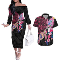 Hawaiian Couple Turtles Honi Couples Matching Off The Shoulder Long Sleeve Dress and Hawaiian Shirt Polynesian Art Motifs and Hibiscus Black Red Color LT03 Black - Polynesian Pride