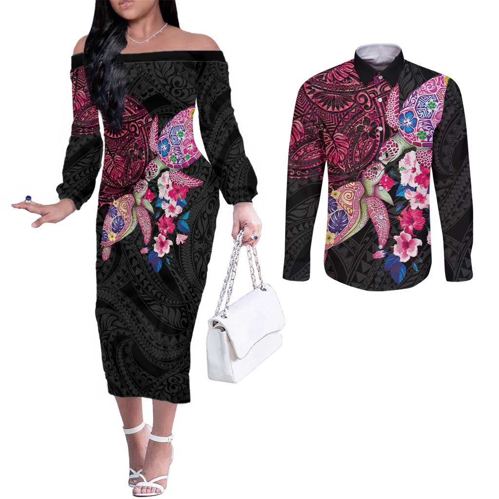 Hawaiian Couple Turtles Honi Couples Matching Off The Shoulder Long Sleeve Dress and Long Sleeve Button Shirt Polynesian Art Motifs and Hibiscus Black Red Color LT03 Black - Polynesian Pride