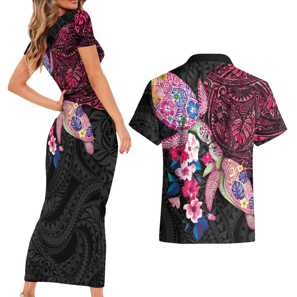 Hawaiian Couple Turtles Honi Couples Matching Short Sleeve Bodycon Dress and Hawaiian Shirt Polynesian Art Motifs and Hibiscus Black Red Color LT03 - Polynesian Pride