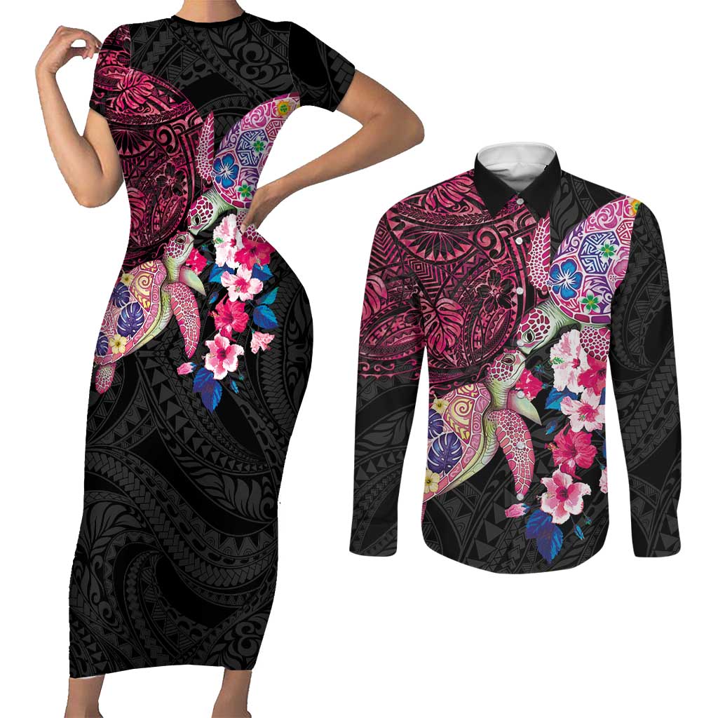 Hawaiian Couple Turtles Honi Couples Matching Short Sleeve Bodycon Dress and Long Sleeve Button Shirt Polynesian Art Motifs and Hibiscus Black Red Color LT03 Black - Polynesian Pride