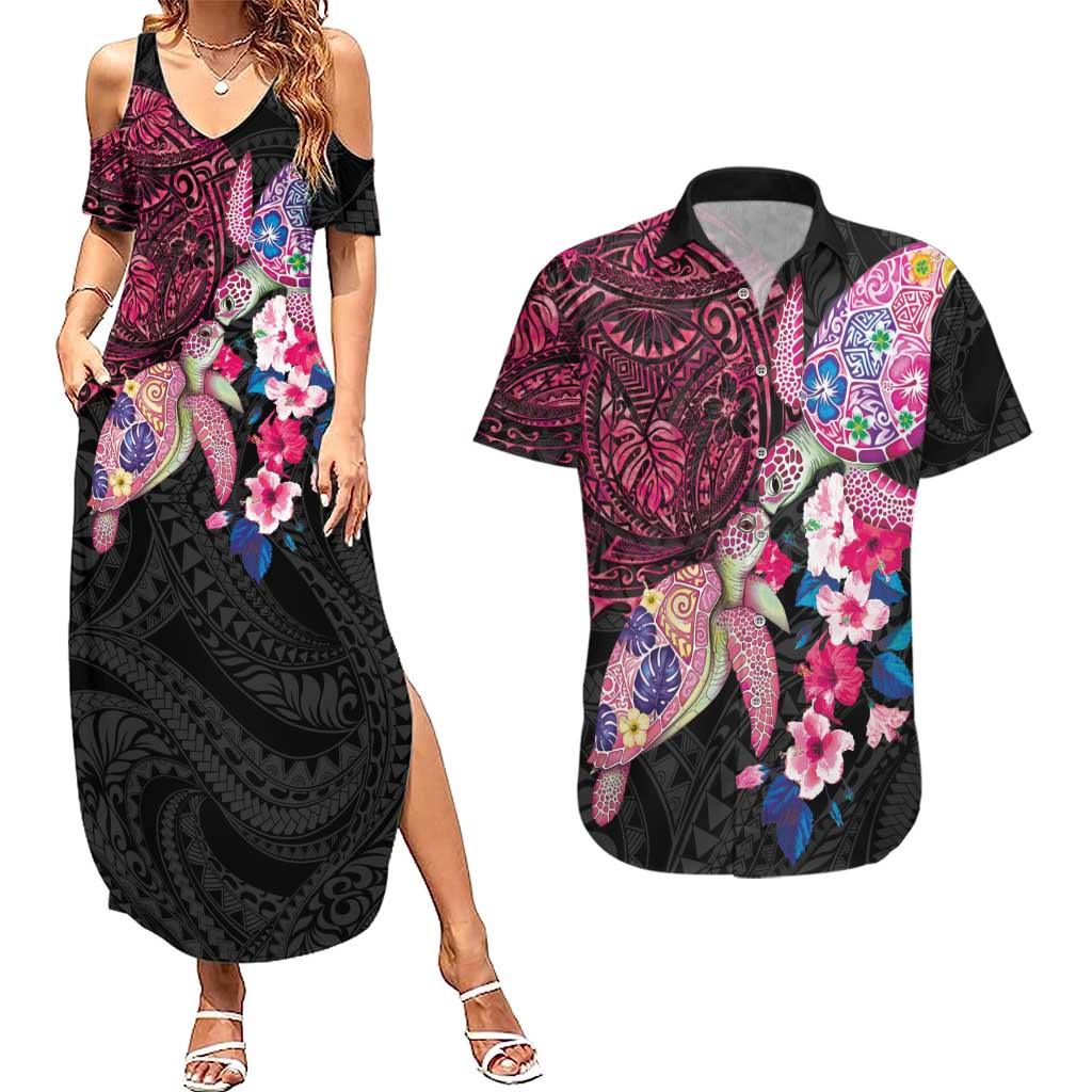 Hawaiian Couple Turtles Honi Couples Matching Summer Maxi Dress and Hawaiian Shirt Polynesian Art Motifs and Hibiscus Black Red Color LT03 Black - Polynesian Pride