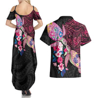 Hawaiian Couple Turtles Honi Couples Matching Summer Maxi Dress and Hawaiian Shirt Polynesian Art Motifs and Hibiscus Black Red Color LT03 - Polynesian Pride