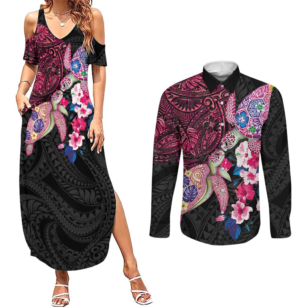 Hawaiian Couple Turtles Honi Couples Matching Summer Maxi Dress and Long Sleeve Button Shirt Polynesian Art Motifs and Hibiscus Black Red Color LT03 Black - Polynesian Pride