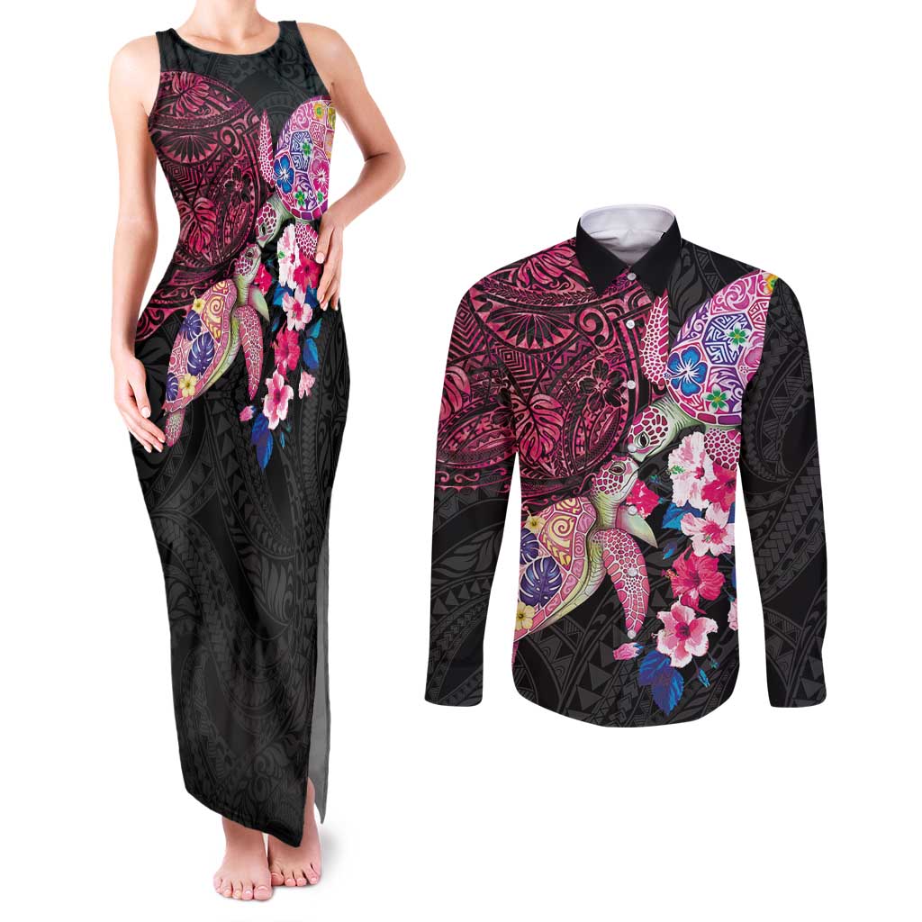 Hawaiian Couple Turtles Honi Couples Matching Tank Maxi Dress and Long Sleeve Button Shirt Polynesian Art Motifs and Hibiscus Black Red Color LT03 Black - Polynesian Pride