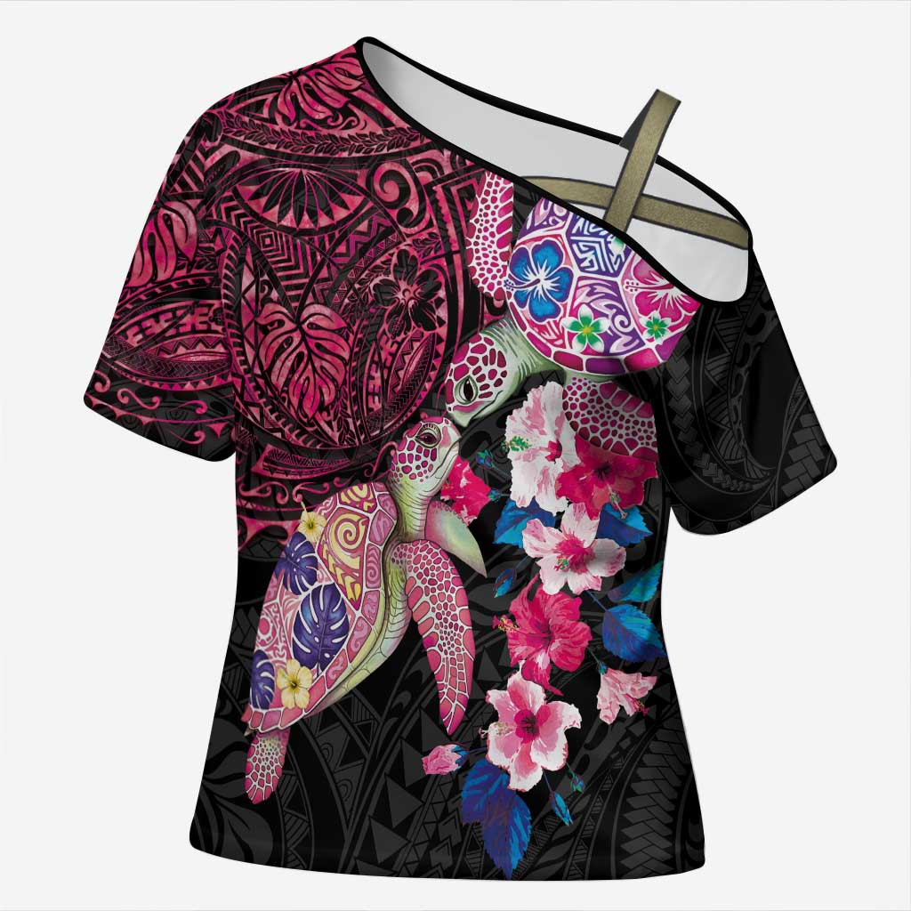 Hawaiian Couple Turtles Honi Cross Shoulder Shirt Polynesian Art Motifs and Hibiscus Black Red Color - Polynesian Pride