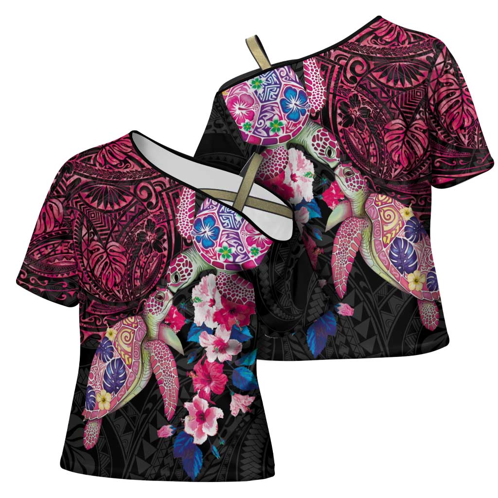 Hawaiian Couple Turtles Honi Cross Shoulder Shirt Polynesian Art Motifs and Hibiscus Black Red Color LT03 - Polynesian Pride