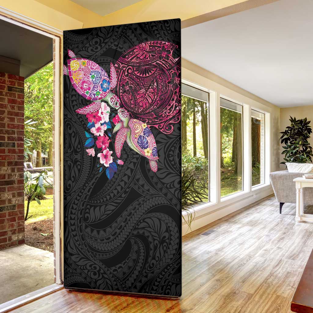 Hawaiian Couple Turtles Honi Door Cover Polynesian Art Motifs and Hibiscus Black Red Color LT03 - Polynesian Pride