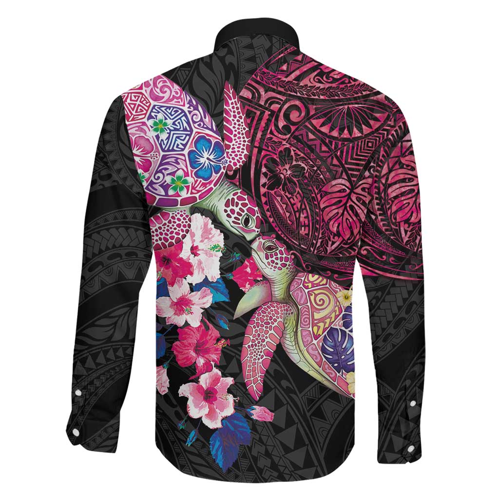 Hawaiian Couple Turtles Honi Family Matching Long Sleeve Bodycon Dress and Hawaiian Shirt Polynesian Art Motifs and Hibiscus Black Red Color LT03 - Polynesian Pride