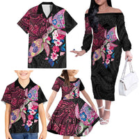 Hawaiian Couple Turtles Honi Family Matching Off The Shoulder Long Sleeve Dress and Hawaiian Shirt Polynesian Art Motifs and Hibiscus Black Red Color LT03 - Polynesian Pride