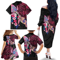 Hawaiian Couple Turtles Honi Family Matching Off The Shoulder Long Sleeve Dress and Hawaiian Shirt Polynesian Art Motifs and Hibiscus Black Red Color LT03 - Polynesian Pride
