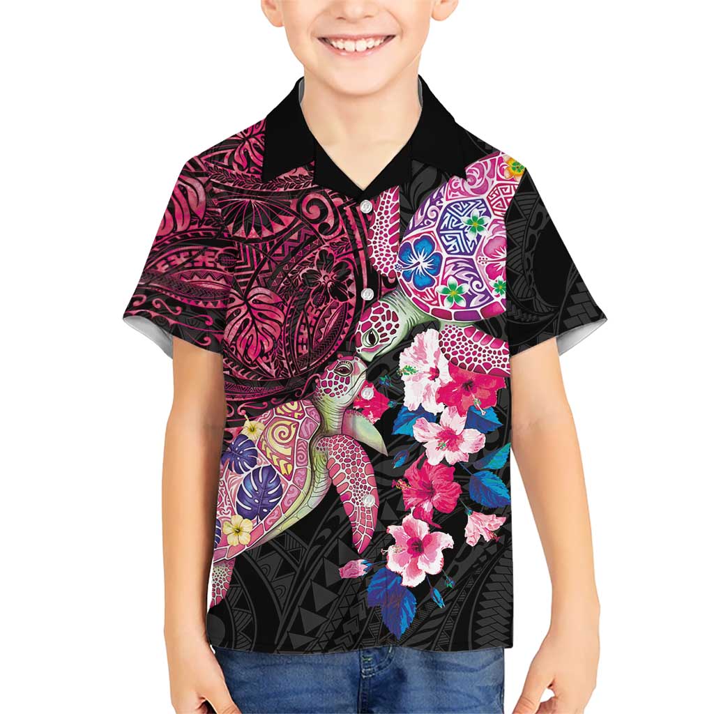Hawaiian Couple Turtles Honi Family Matching Off The Shoulder Long Sleeve Dress and Hawaiian Shirt Polynesian Art Motifs and Hibiscus Black Red Color LT03 Son's Shirt Black - Polynesian Pride