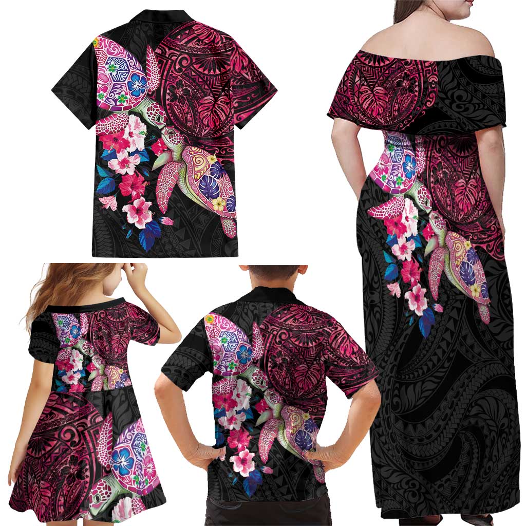 Hawaiian Couple Turtles Honi Family Matching Off Shoulder Maxi Dress and Hawaiian Shirt Polynesian Art Motifs and Hibiscus Black Red Color LT03 - Polynesian Pride