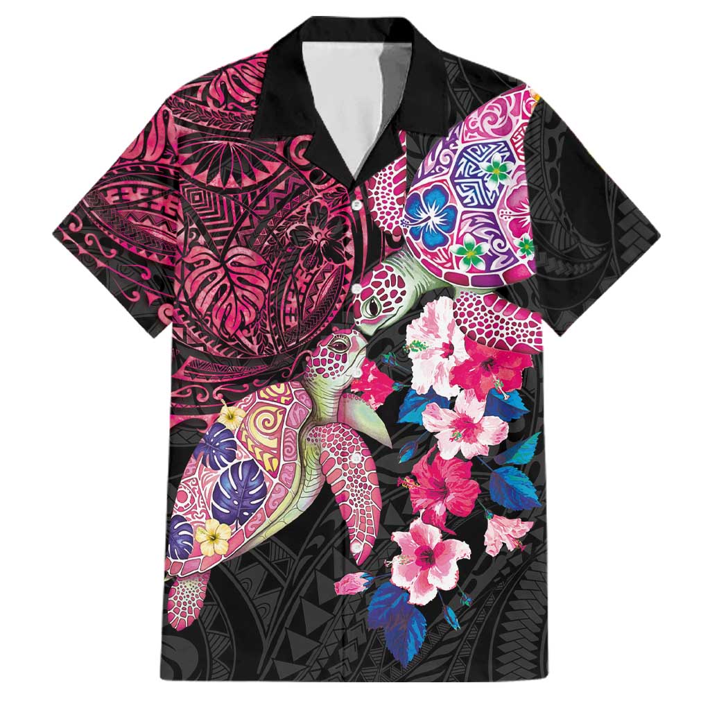 Hawaiian Couple Turtles Honi Family Matching Off Shoulder Maxi Dress and Hawaiian Shirt Polynesian Art Motifs and Hibiscus Black Red Color LT03 Dad's Shirt - Short Sleeve Black - Polynesian Pride