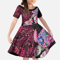 Hawaiian Couple Turtles Honi Family Matching Short Sleeve Bodycon Dress and Hawaiian Shirt Polynesian Art Motifs and Hibiscus Black Red Color LT03 Daughter's Dress Black - Polynesian Pride