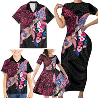 Hawaiian Couple Turtles Honi Family Matching Short Sleeve Bodycon Dress and Hawaiian Shirt Polynesian Art Motifs and Hibiscus Black Red Color LT03 - Polynesian Pride