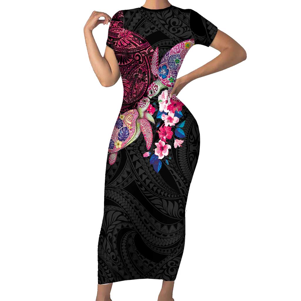 Hawaiian Couple Turtles Honi Family Matching Short Sleeve Bodycon Dress and Hawaiian Shirt Polynesian Art Motifs and Hibiscus Black Red Color LT03 Mom's Dress Black - Polynesian Pride