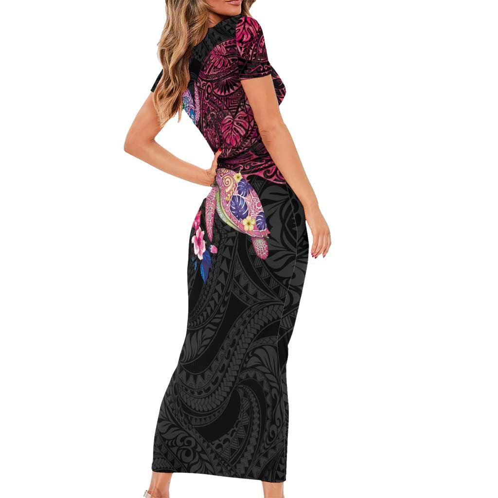 Hawaiian Couple Turtles Honi Family Matching Short Sleeve Bodycon Dress and Hawaiian Shirt Polynesian Art Motifs and Hibiscus Black Red Color LT03 - Polynesian Pride