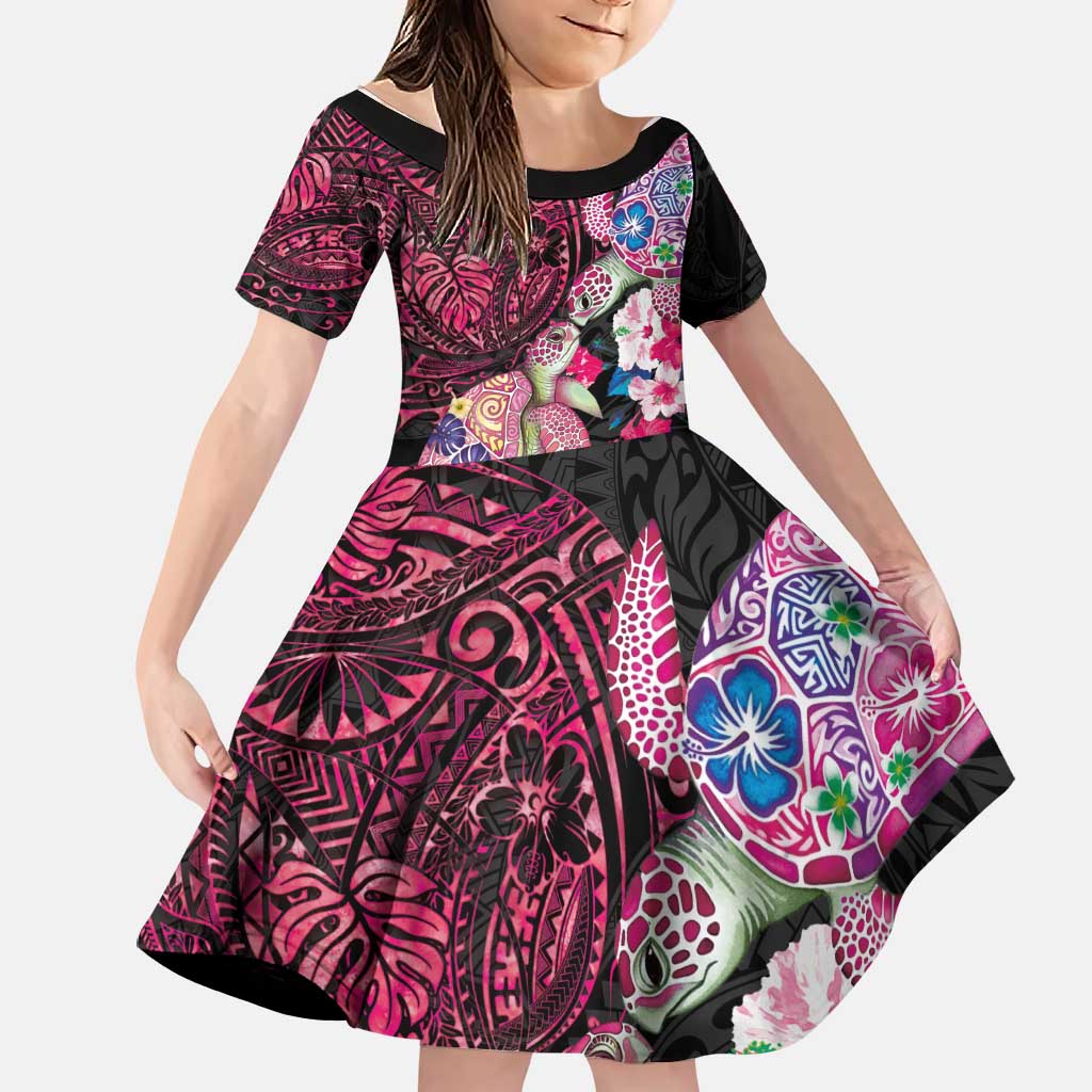 Hawaiian Couple Turtles Honi Family Matching Summer Maxi Dress and Hawaiian Shirt Polynesian Art Motifs and Hibiscus Black Red Color LT03 Daughter's Dress Black - Polynesian Pride
