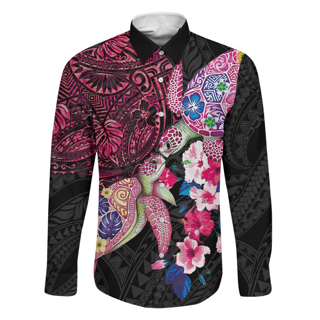 Hawaiian Couple Turtles Honi Family Matching Summer Maxi Dress and Hawaiian Shirt Polynesian Art Motifs and Hibiscus Black Red Color LT03 Dad's Shirt - Long Sleeve Black - Polynesian Pride