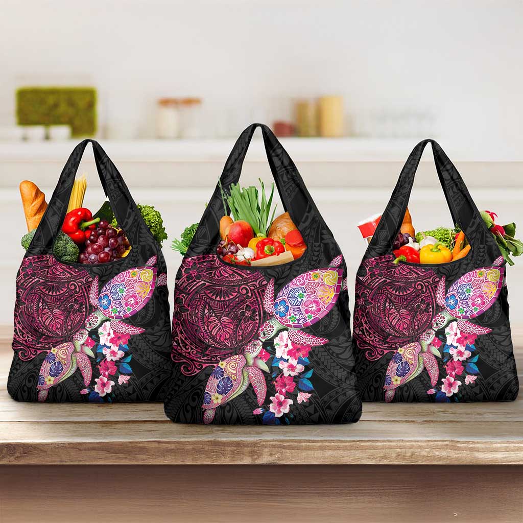 Hawaiian Couple Turtles Honi Grocery Bag Polynesian Art Motifs and Hibiscus Black Red Color LT03 3-pack One Size Black - Polynesian Pride